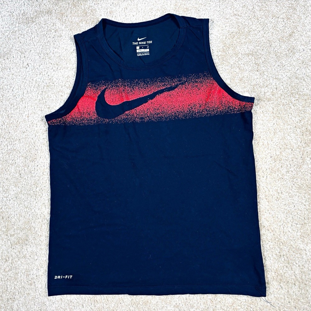 Nike Dri-FIT Mens Black/Red Sleeveless Graphic Swoosh Tank Top Muscle Shirt Sz S